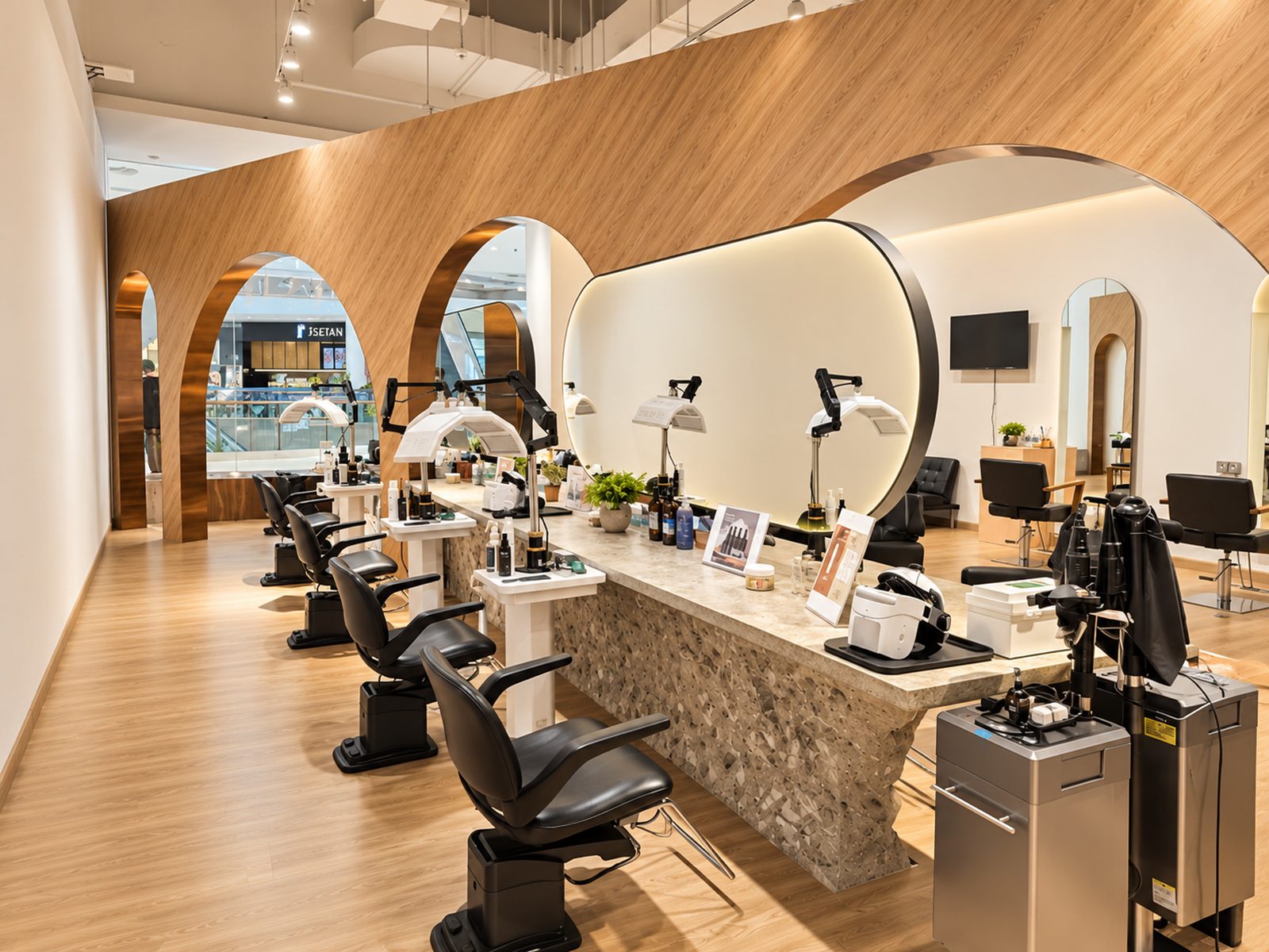 Treatment area at NPM Malaysia, each seat with its own scalp care equipment